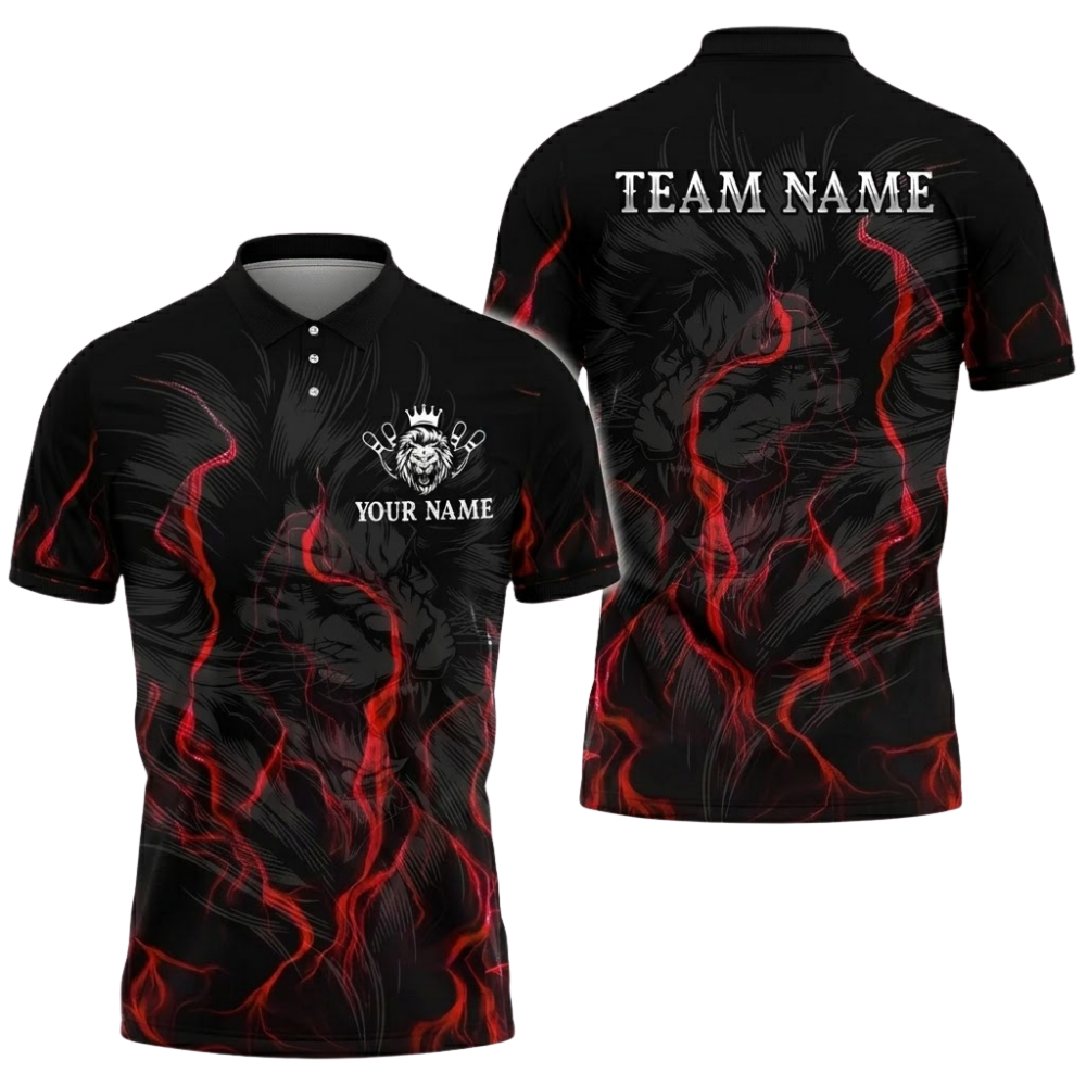 Custom Lion Black Blue Bowling Polo Shirt For Men, Custom Lion Bowling Team Shirt BZ0747