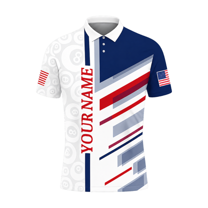 Red White And Blue American Flag Custom 8 Ball Polo Shirt For Men, Custom Patriotic Billiard Team Shirts BIZ0313