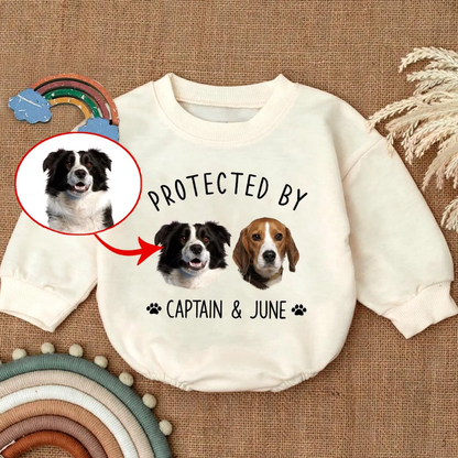 Custom Photo Protected By Dog Name Baby Romper Sweatshirt, Personalized Dog Lover Romper Sweatshirt For Baby BB0099