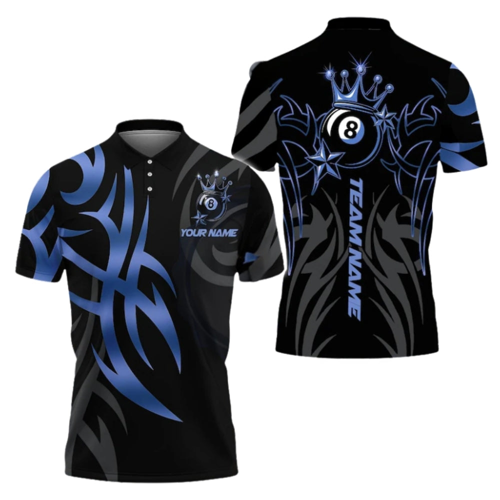 Custom King 8 Ball Black And Gold Billiard Polo Shirt Mens, Custom 8 Ball Pool Team Shirts BIE0035