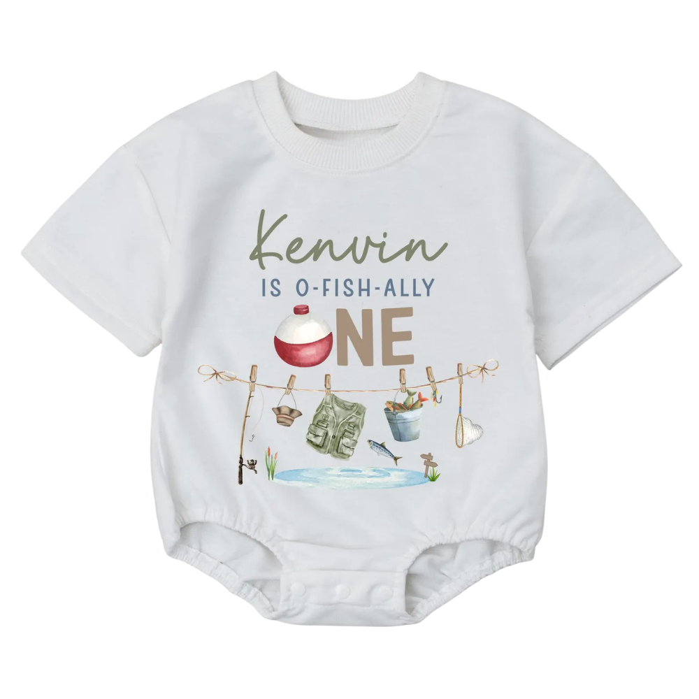 Personalized O-Fish-Ally One Birthday Baby Bubble T Shirt Romper, Custom Name Fishing First Birthday Baby Romper BB0069
