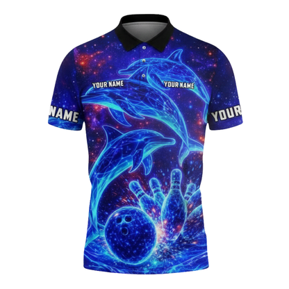 Custom Dolphin Neon Blue Men's Bowling Polo Shirt, Custom Dolphin Team Bowling Shirts BZ0508