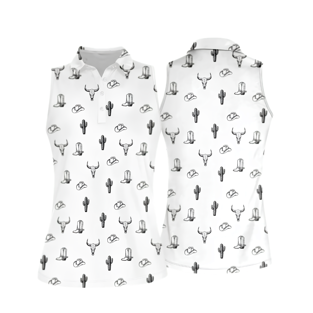 Cactus Cowgirl White Sleeveless Golf Shirt Women, Western Golf Shirts For Ladies GZ0270