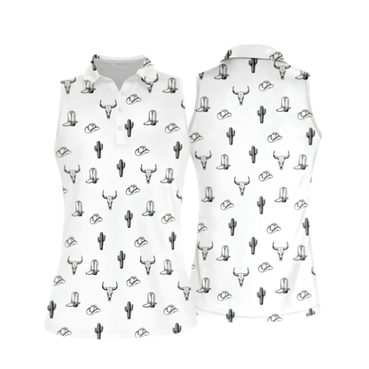 Cactus Cowgirl White Sleeveless Golf Shirt Women, Western Golf Shirts For Ladies GZ0270