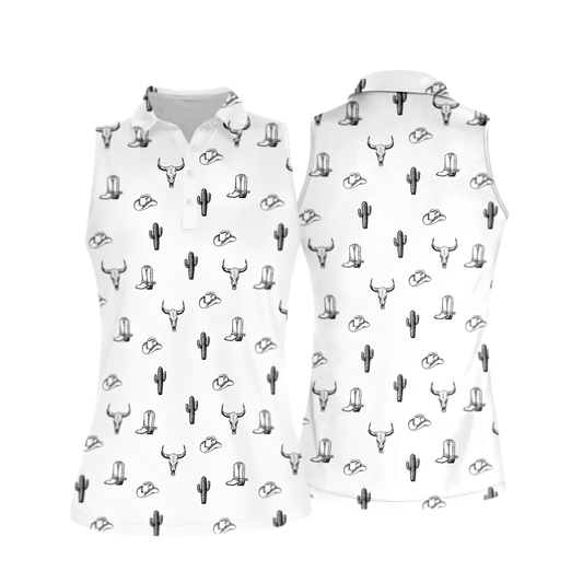 Cactus Cowgirl White Sleeveless Golf Shirt Women, Western Golf Shirts For Ladies GZ0270