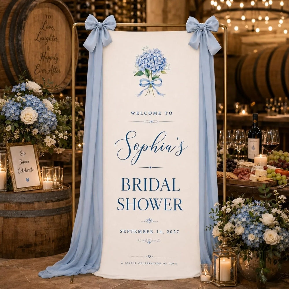 Custom Blue Hydrangea Bridal Shower Fabric Welcome Banner, Custom Floral Bridal Party Welcome Sign WD0407