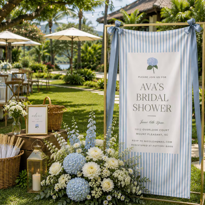 Hydrangea Floral Custom Bridal Shower Fabric Welcome Sign, Custom Blue Bridal Party Banner WD0493