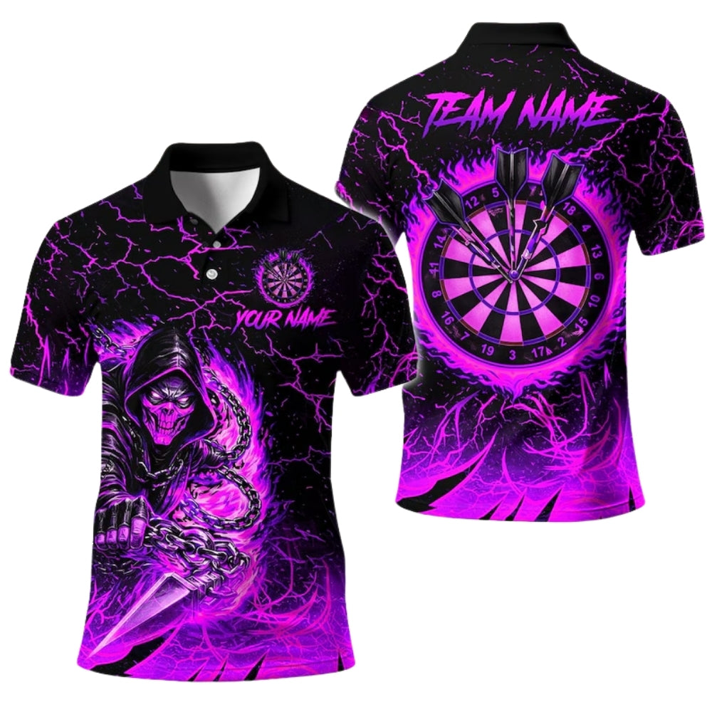 Custom Skull Flame Yellow Darts Polo Shirt Mens, Custom Skull Dart Team Shirts DE0096