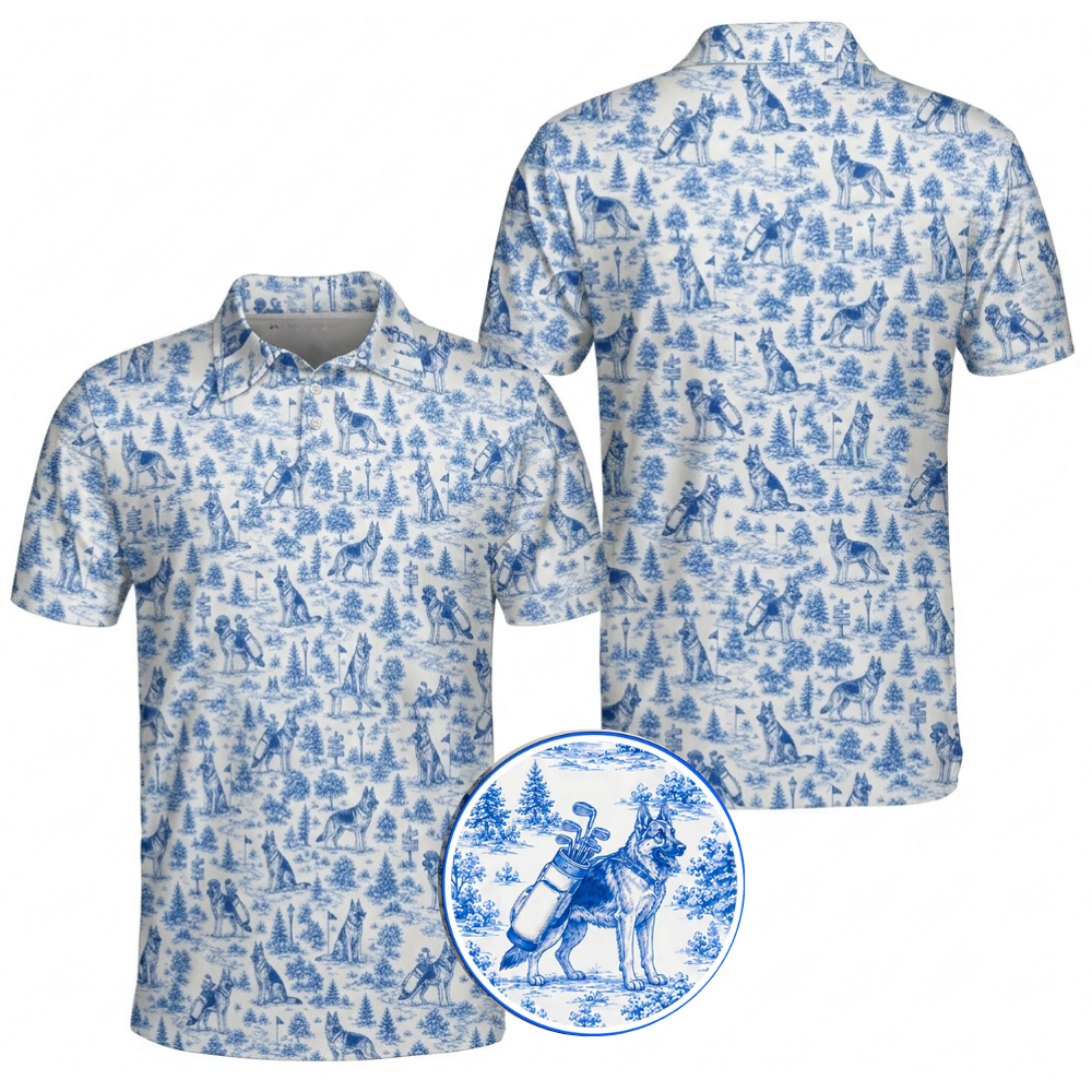 German Shepherd Toile De Jouy Golf Polo Shirt For Men, German Shepherd Golf Shirt GZ0392