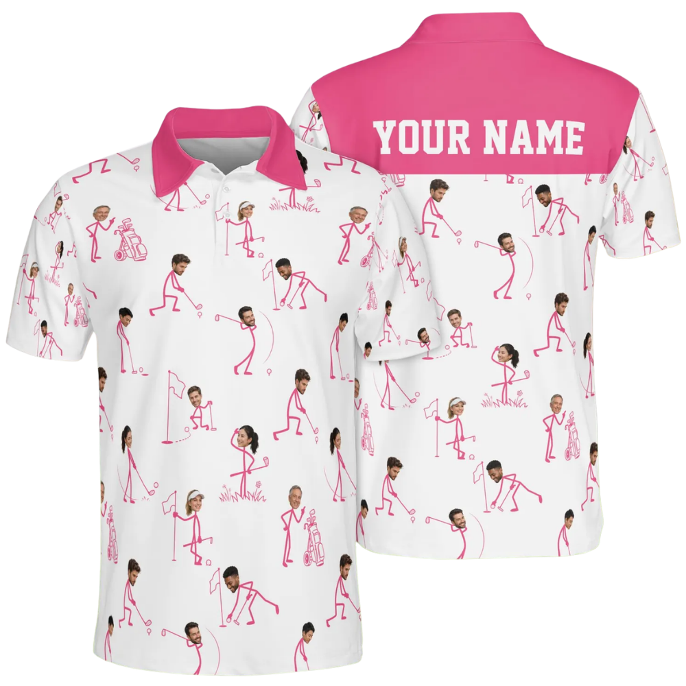 Custom Face Stick Figure Golf Mens Polo Shirt, Custom Funny Photo Golf Shirts GE0595