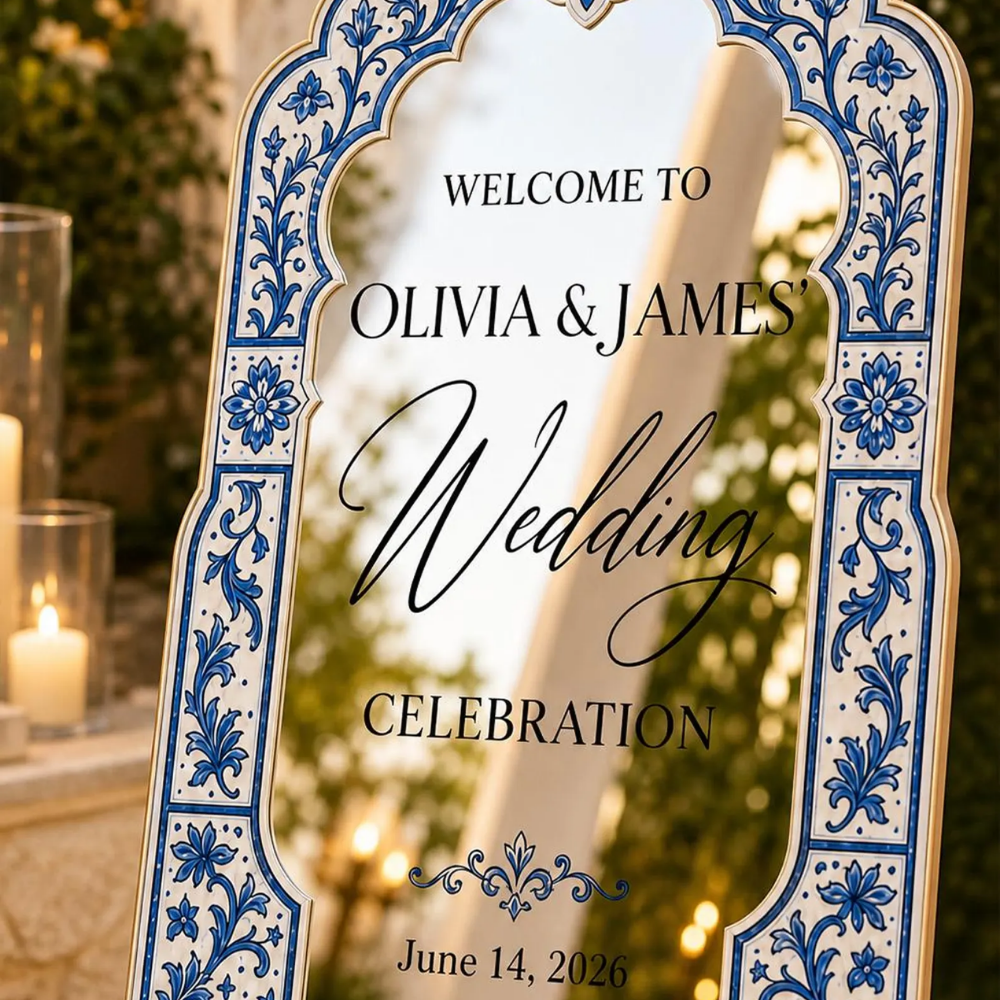 Personalized Mediterranean Blue Tile Wedding Welcome Acrylic Mirror Sign, Custom Destination Wedding Welcome Sign WD0739