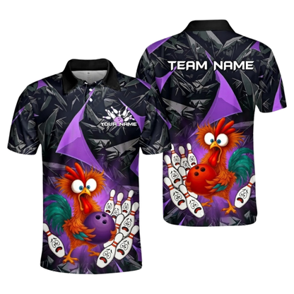 Custom Red Funny Chicken Men's Bowling Polo Shirts, Custom Chicken Bowling Team Shirts BZ1082