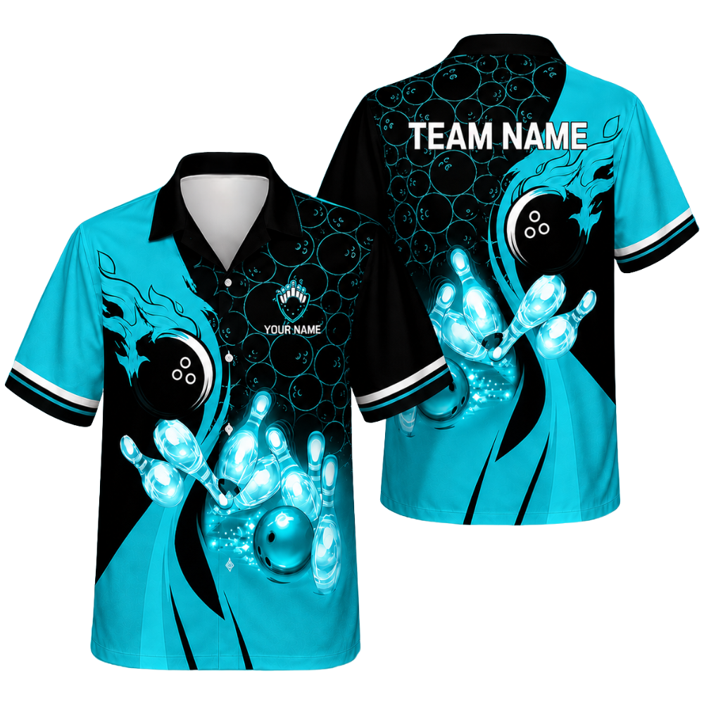 Custom Blue Flame Bowling Hawaiian Shirt For Men Women, Custom Flame Team Bowling Shirts BE0189