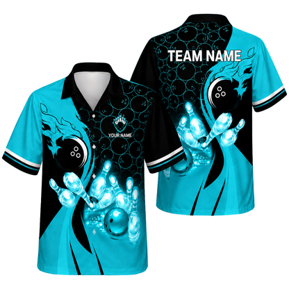 Custom Blue Flame Bowling Hawaiian Shirt For Men Women, Custom Flame Team Bowling Shirts BE0189