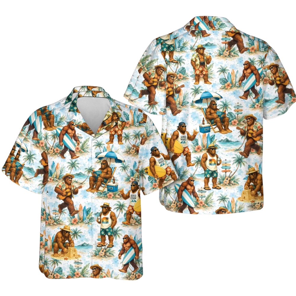 Bigfoot Surfing Beach Men's Hawaiian Shirt, Sasquatch Tropical Hawaiian Shirts HE0588