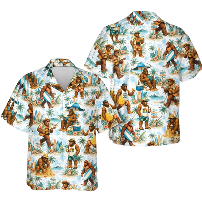 Bigfoot Surfing Beach Men's Hawaiian Shirt, Sasquatch Tropical Hawaiian Shirts HE0588