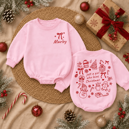 Just A Girl Who Loves Christmas Custom Baby Name Romper Sweatshirt, Personalized Christmas Romper Sweatshirt Baby BB0969