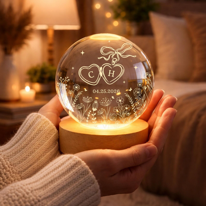 Custom Engaged Couple Name Crystal Ball Led Night Light, Custom Engagement Night Light WD0858