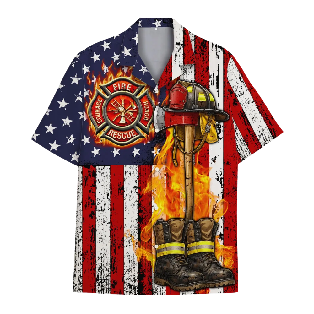 Fire Honor Rescue Courage USA Flag Firefighter Hawaiian Shirt For Men, Firefighter Patriotic Hawaiian Shirt HE0369