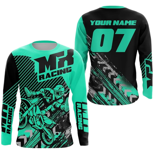 MX Racing Custom Cyan Black Motocross Long Sleeve Jersey Mens, Custom Racing Dirt Bike Shirts MZ0113