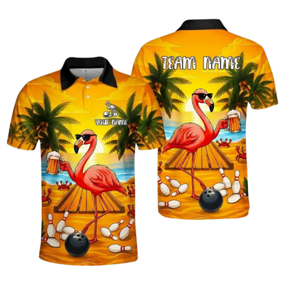 Custom Flamingo Drinking Beer Bowling Mens Polo Shirts, Custom Flamingo Bowling Team Shirts BZ1103