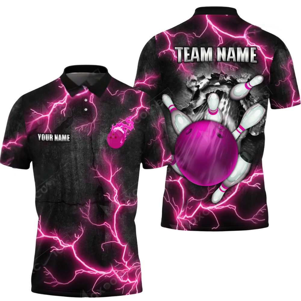 Custom Mens Thunder Bowling Polo Shirt Blue Black, Custom Thunder Bowling Team Shirt BZ0603