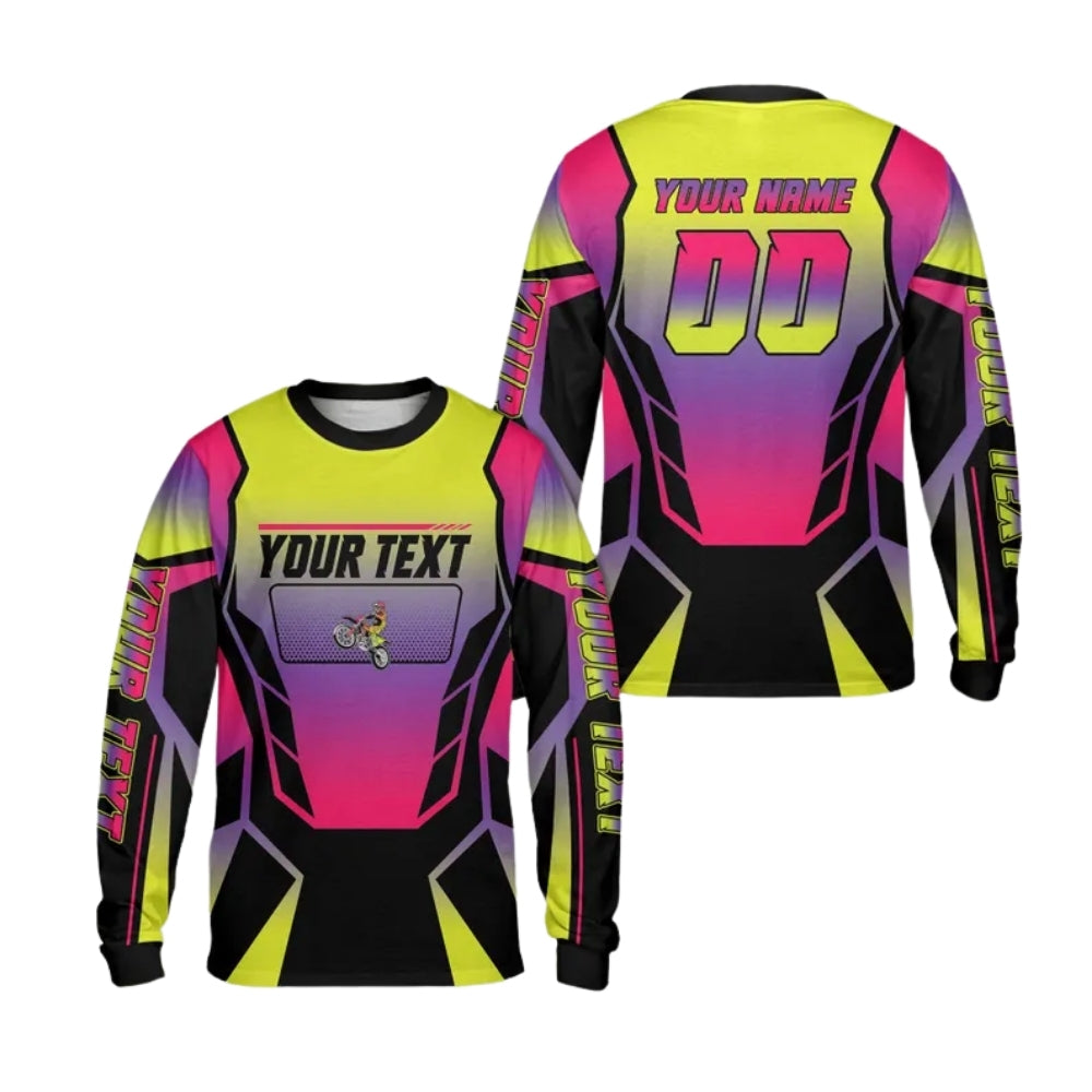 Custom Neon Gradient Long Sleeve Motocross Jersey Mens, Custom Dirt Bike Shirts With Number ME0028