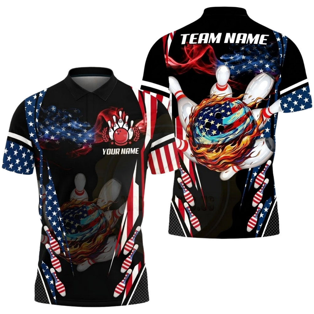 Fire Ball American Flag Custom Mens Bowling Polo Shirt, Custom Patriotic Bowling Shirt For Team BZ0796