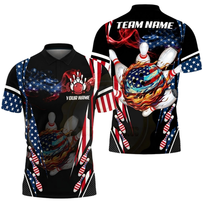 Fire Ball American Flag Custom Mens Bowling Polo Shirt, Custom Patriotic Bowling Shirt For Team BZ0796