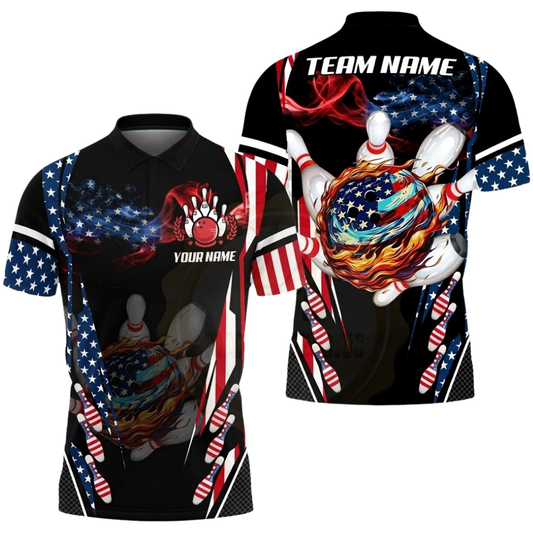 Fire Ball American Flag Custom Mens Bowling Polo Shirt, Custom Patriotic Bowling Shirt For Team BZ0796