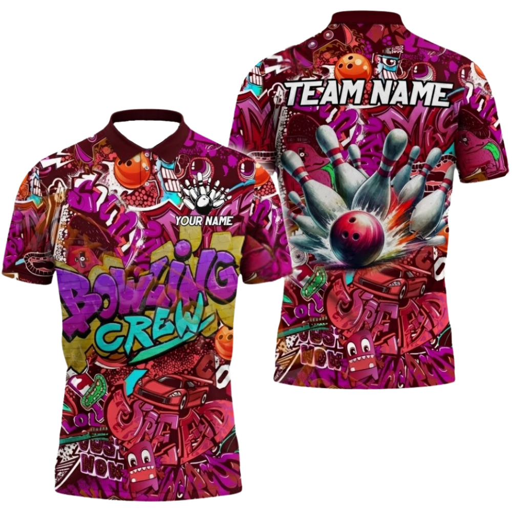 Custom Bowling Crew Graffiti Bowling Mens Polo Shirt, Custom Team Bowling Shirts BZ0664