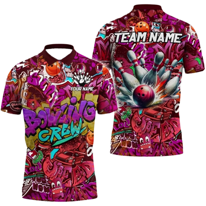 Custom Bowling Crew Graffiti Bowling Mens Polo Shirt, Custom Team Bowling Shirts BZ0664