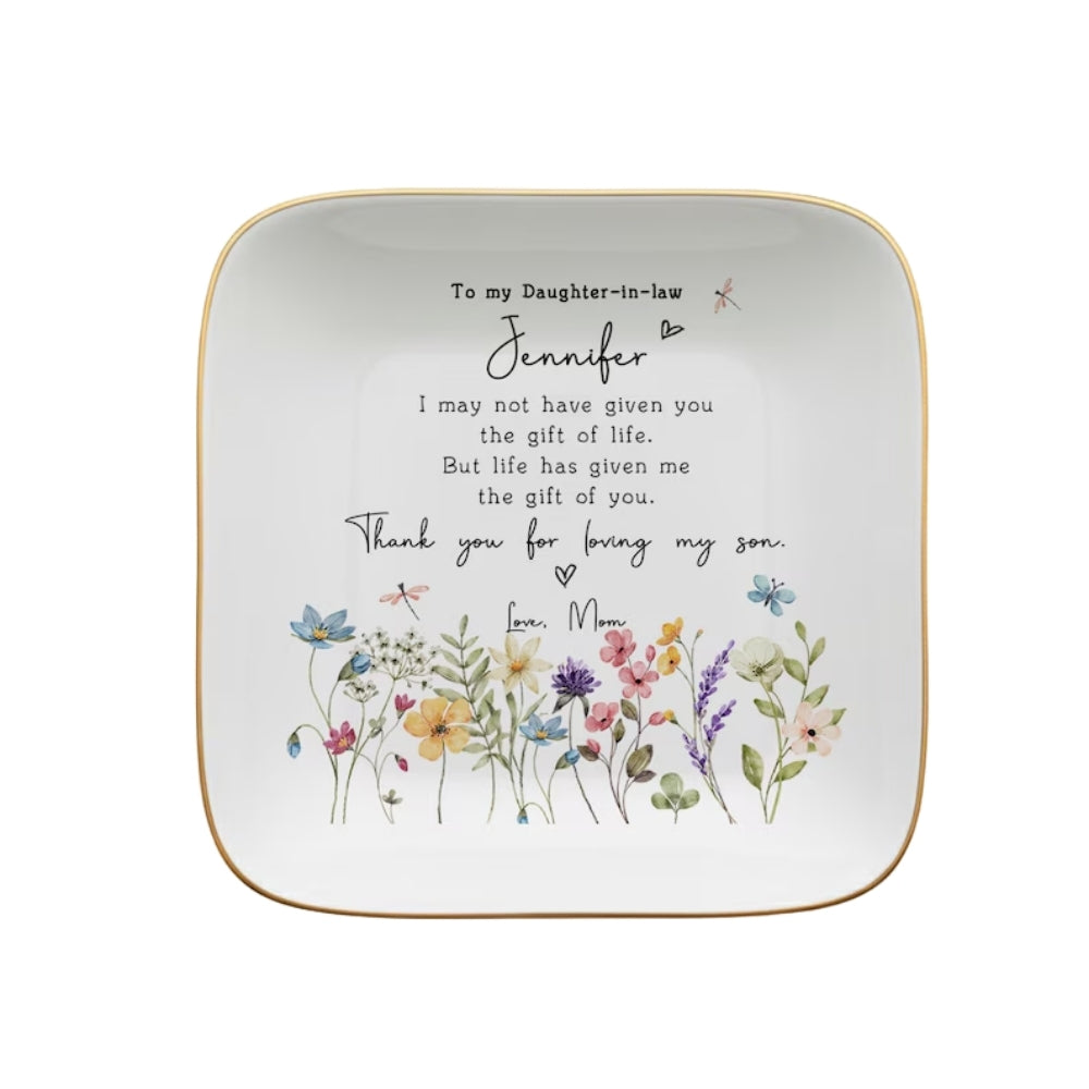 Personalized Floral Daughter In Law Wedding Ring Dish, Custom New Bride Jewelry Dish WD0080