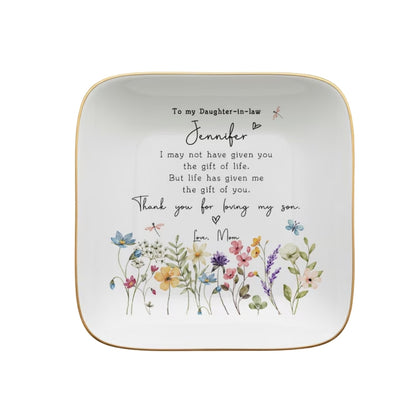 Personalized Floral Daughter In Law Wedding Ring Dish, Custom New Bride Jewelry Dish WD0080