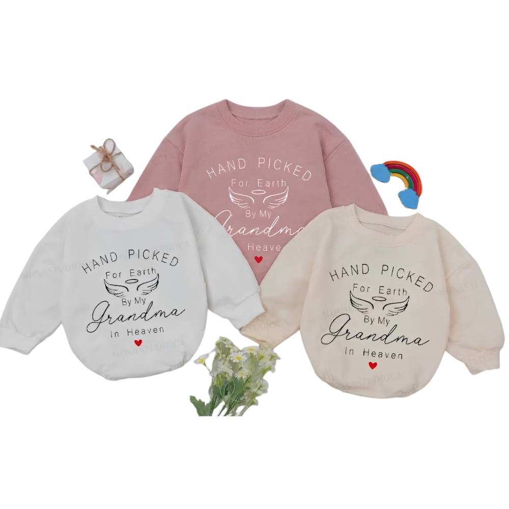 Personalized Hand Picked For Earth By My Grandma In Heaven Baby Romper Sweatshirt, Custom Memorial Baby Romper Sweatshirt BB0041