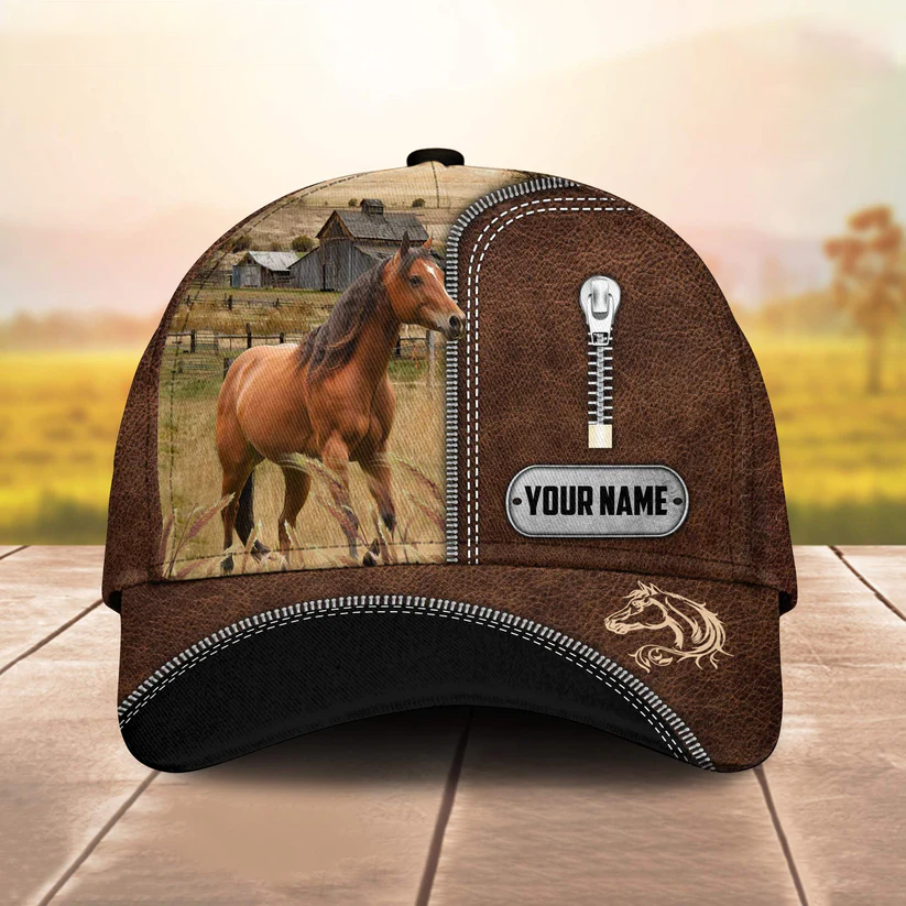 Brown Horse Leather Zip Pattern Customized Name Cap CA0169