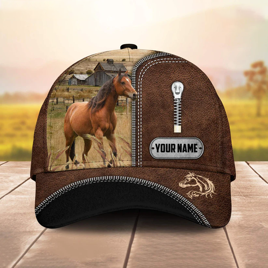 Brown Horse Leather Zip Pattern Customized Name Cap CA0169