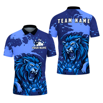 Custom Lion Blue Bowling Polo Shirt Mens, Custom Team Lion Bowling Shirts BZ0444