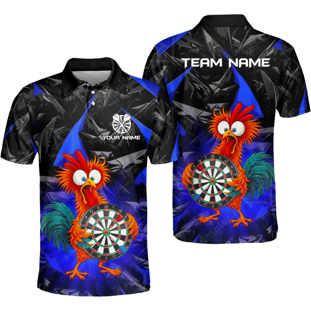 Funny Rooster Custom Mens Bowling Polo Shirt, Custom Rooster Dart Team Shirts DZ0098
