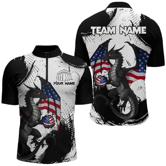 Custom Dragon Men's Bowling Jersey Black And White, Custom Dragon Bowling Shirts Team BZ0545
