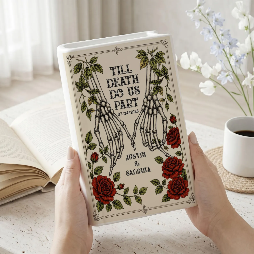 Till Death Do Us Part Custom Couple Skeleton Wedding Anniversary Ceramic Book Vase, Custom Skull Book Vase For Wedding WD0621