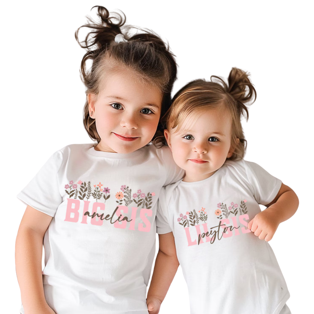 Big Sis Lil Sis Custom Name Flower Matching T Shirt, Custom Floral Sibling Matching Family Shirts ET1156