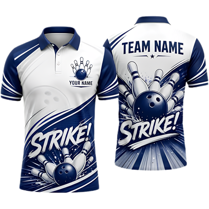 White And Blue Custom Team Bowling Polo Shirt For Men, Custom Bowling Shirt BZ0971