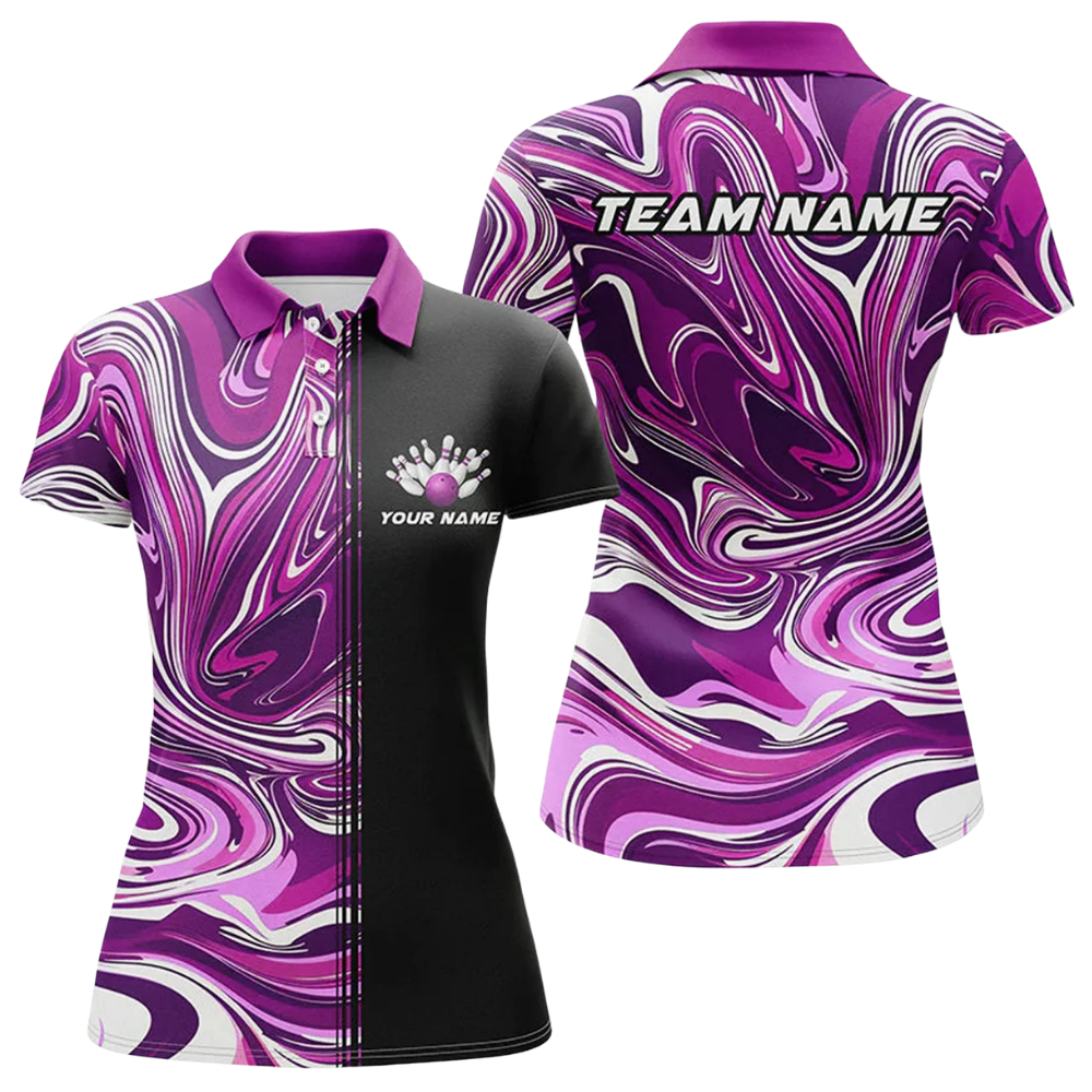 Custom Team Purple Black Womens Bowling Polo Shirt, Custom Bowling Shirt Ladies BZ0766