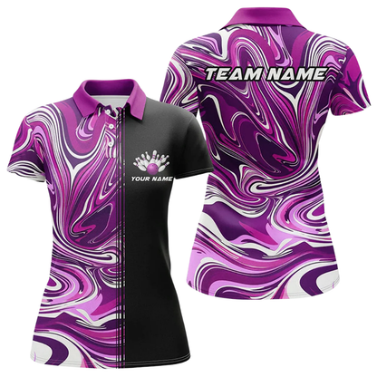 Custom Team Purple Black Womens Bowling Polo Shirt, Custom Bowling Shirt Ladies BZ0766