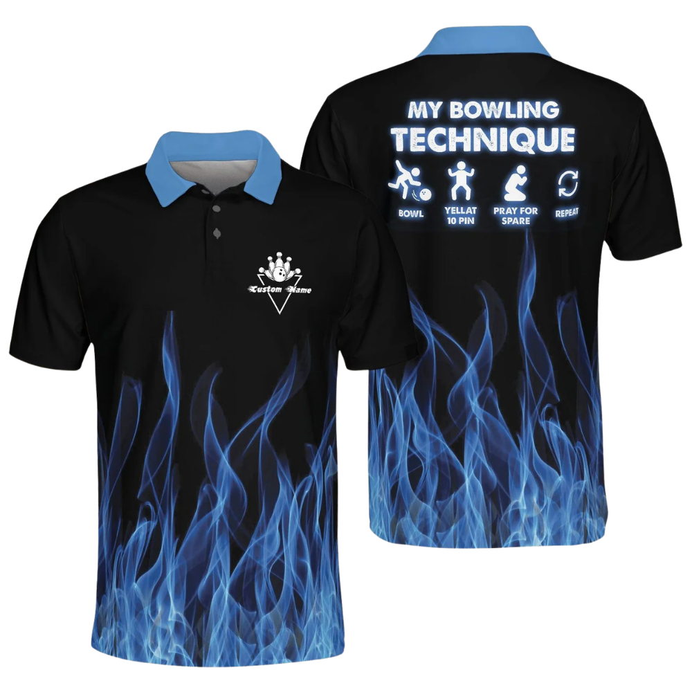 My Bowling Technique Custom Blue Red Flame Polo Shirt For Men, Custom Funny Flame Bowling Shirts BZ0497