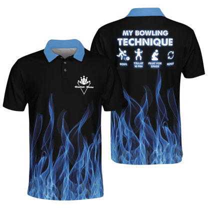 My Bowling Technique Custom Blue Red Flame Polo Shirt For Men, Custom Funny Flame Bowling Shirts BZ0497
