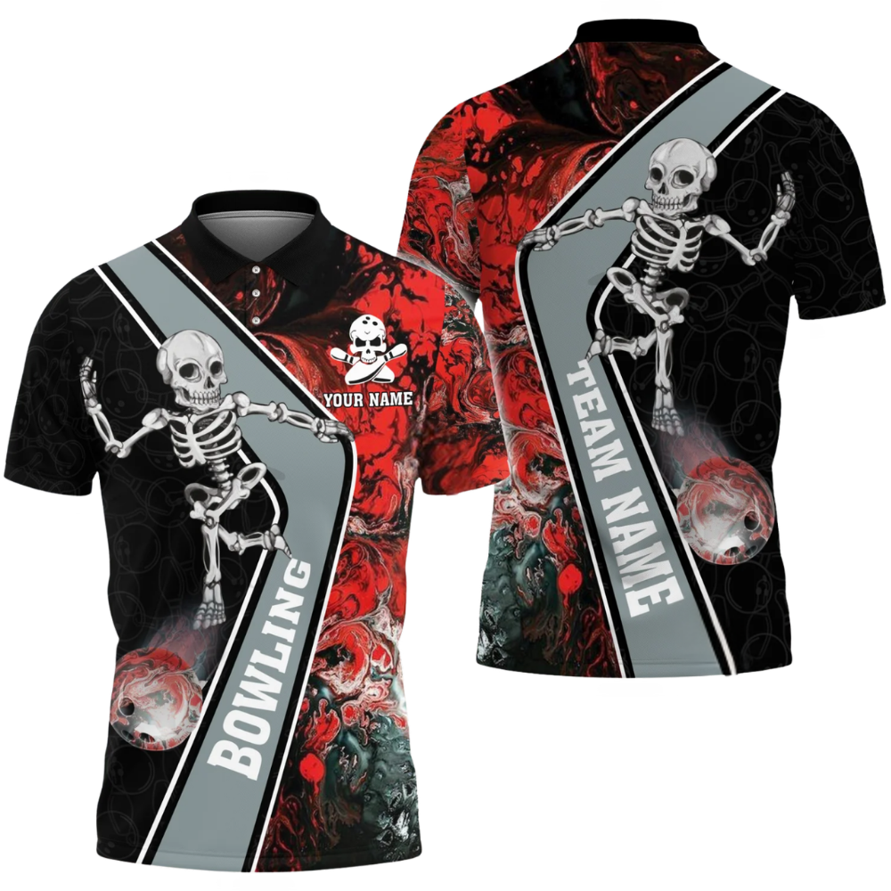 Custom Skeleton Flame Bowling Mens Polo Shirt, Custom Skull Bowling Team Shirts BZ0649