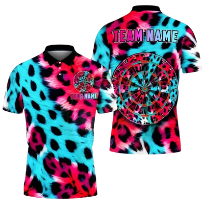 Custom Leopard Neon Cyan Pink Dart Polo Shirt Men, Custom Leopard Darts Team Shirt DZ0134