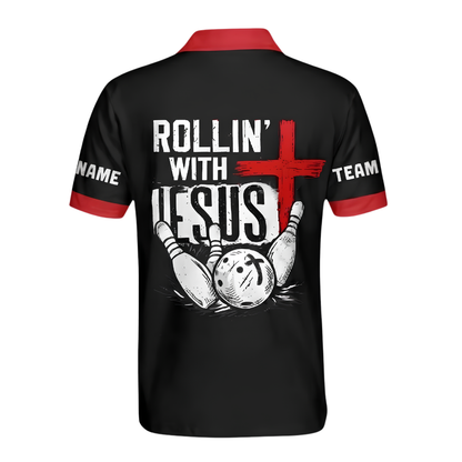 Rollin With Jesus Custom Mens Cross Bowling Polo Shirt Red Black, Custom Christian Bowling Team Shirts BZ1033